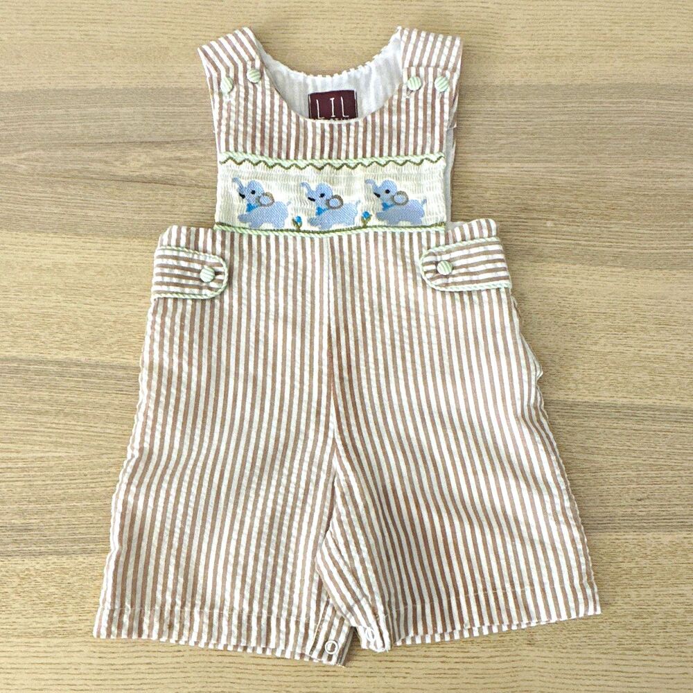 Lil Cactus 3-6M Seersucker Striped Smocked Elephant Overall Romper Cotton